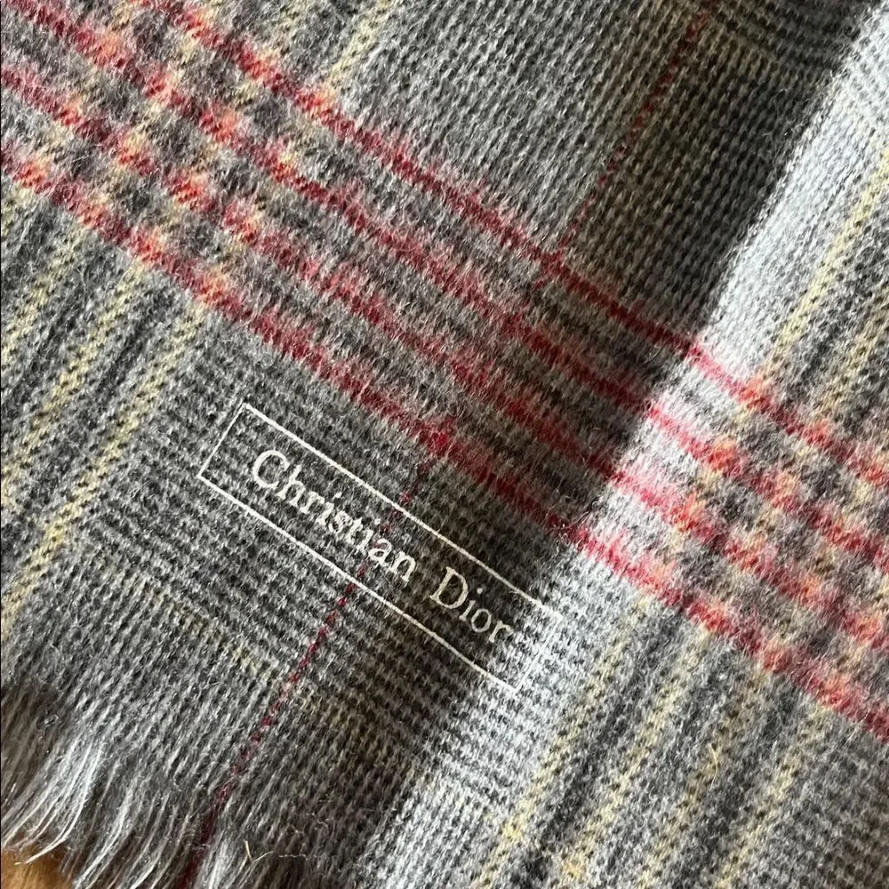 Christian Dior 100% Merino Wool Plaid Fringe Scarf